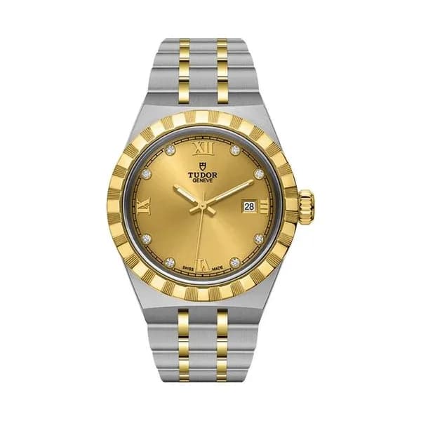 Tudor Montre Tudor Royal automatique index diamants cadran champagne bracelet acier et or jaune 28 mm