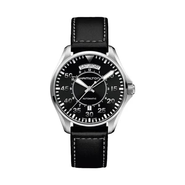 Hamilton Montre Hamilton Khaki Aviation Pilot Day Date cadran noir bracelet cuir noir 42 mm