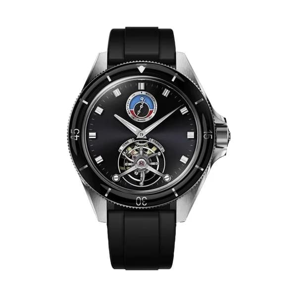 Yema Montre Yema Yachtingraf Tourbillon Mareographe Acier 75ème anniversaire mécanique cadran noir bracelet caoutchouc noir 42,5 mm