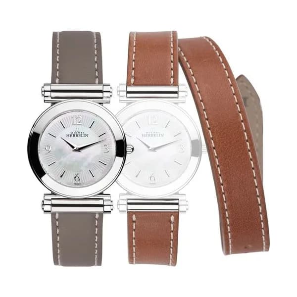 Michel Herbelin Montre Michel Herbelin Coffret Antarès quartz cadran nacre bracelets cuir gris et brun 29 mm