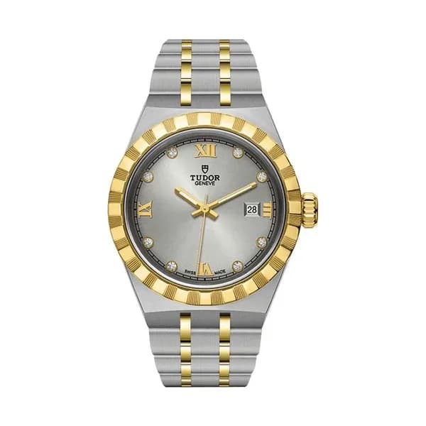 Tudor Montre Tudor Royal automatique index diamants cadran argenté bracelet acier et or jaune 28 mm