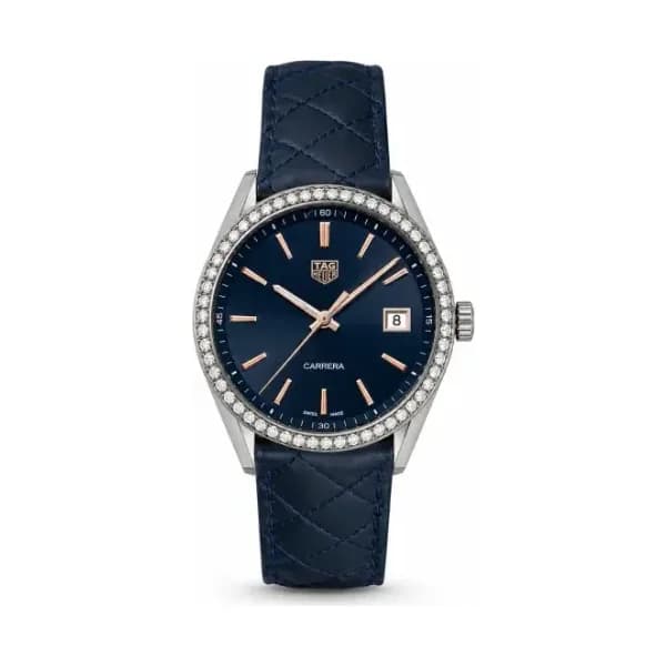 Daniel Gérard Montre Occasion TAG Heuer Carrera Lunette Pavée Cadran Bleu bracelet Cuir Bleu