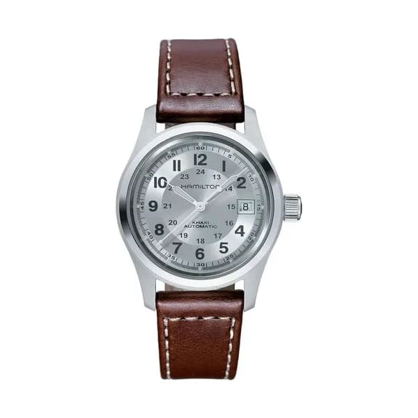 Hamilton Montre Hamilton Khaki Field automatique cadran argenté bracelet cuir brun 38 mm