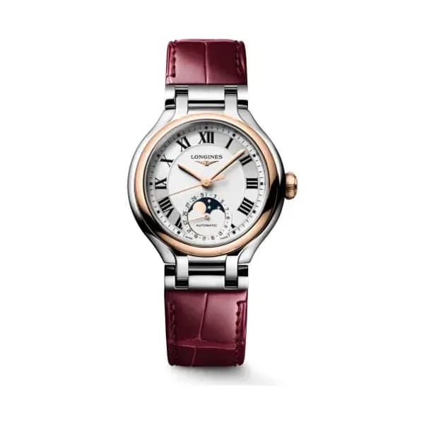 Longines Montre Longines Longines primaluna moonphase 34 mm Automatique Cadran Argenté "soleil" Bracelet Cuir