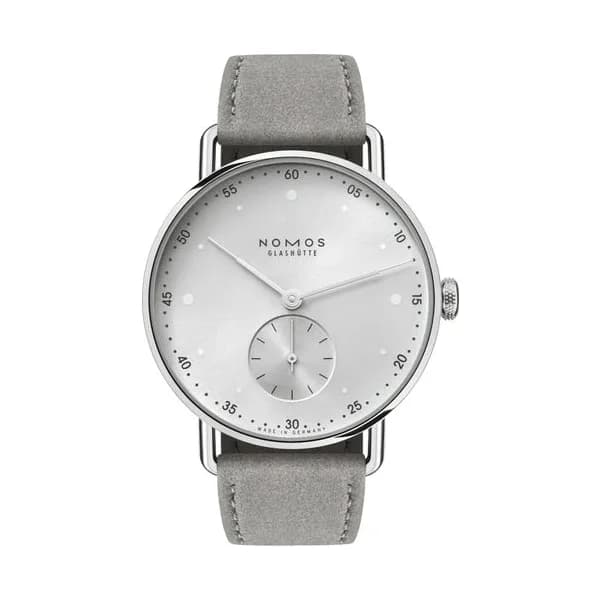 Nomos Montre Nomos Metro All Silver mécanique fond acier cadran argent bracelet cuir gris 33 mm