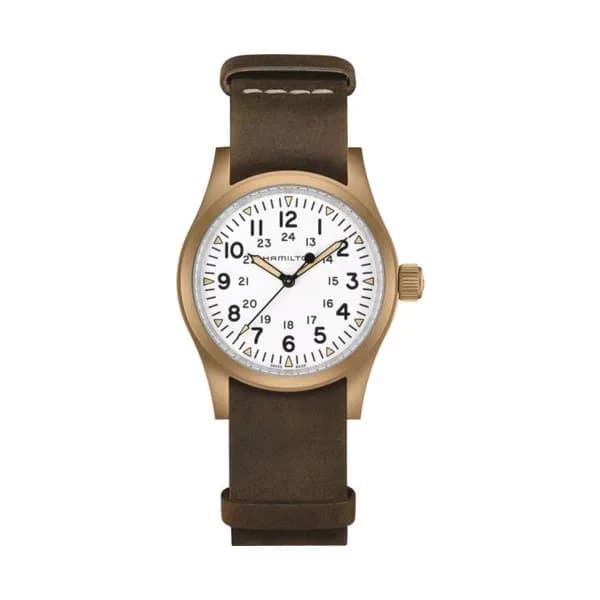 Hamilton Montre Hamilton Khaki Field Bronze mécanique cadran blanc bracelet nato brun 38 mm