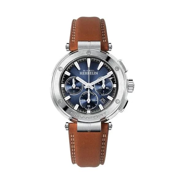 Michel Herbelin Montre Michel Herbelin Newport automatique chronographe acier cadran bleu bracelet cuir brun 43,5 mm