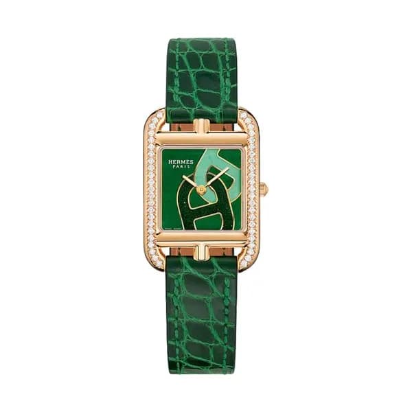 Hermès Montre HERMÈS Cape Cod Petit Modèle quartz en or rose lunette sertie cadran jade néphrite bracelet cuir vert 31 mm
