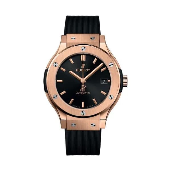 Hublot Montre Hublot Classic Fusion King Gold automatique cadran noir bracelet caoutchouc noir 38 mm