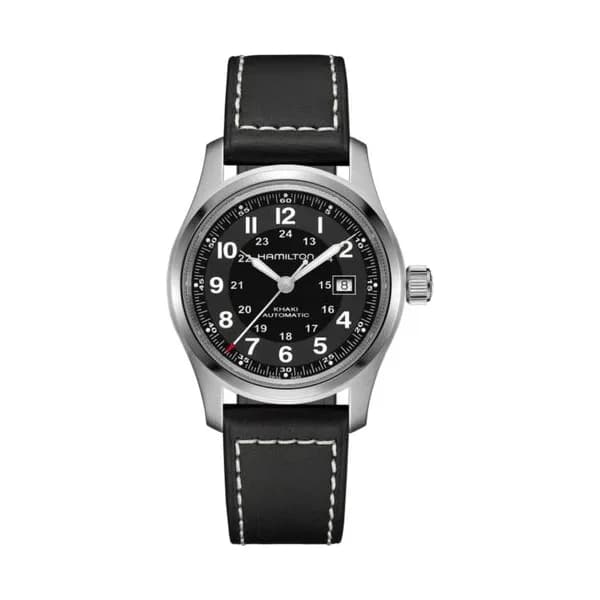 Hamilton Montre Hamilton Khaki Field automatique cadran noir bracelet cuir noir 42 mm