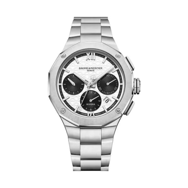 Baume & Mercier Montre Baume et Mercier Riviera Chronographe automatique cadran blanc et noir bracelet acier 41 mm