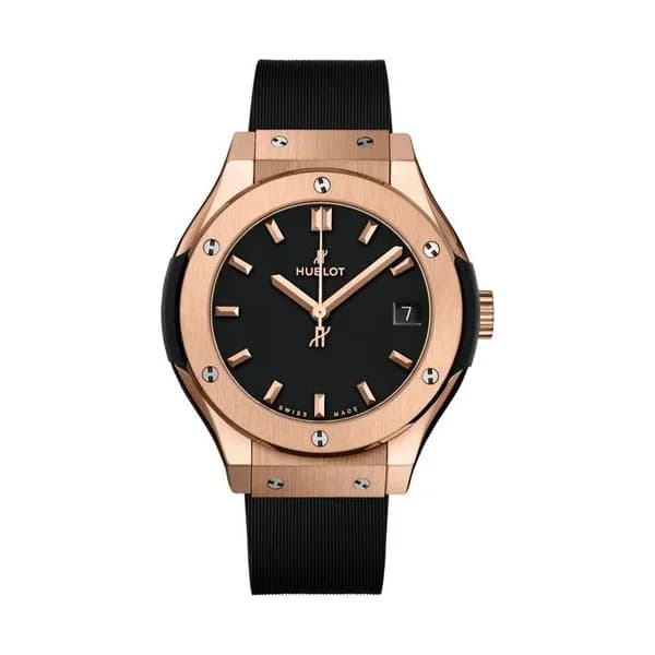 Hublot Montre Hublot Classic Fusion King Gold quartz cadran noir bracelet caoutchouc noir 33 mm