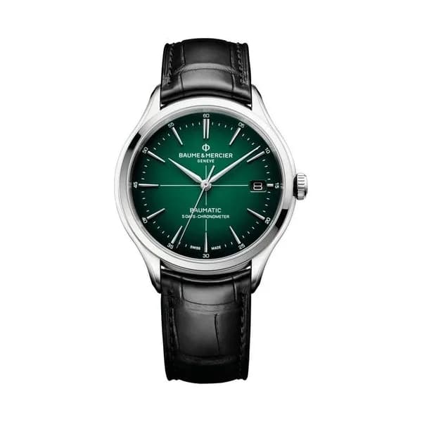 Baume & Mercier Montre Baume et Mercier Clifton Baumatic automatique cadran vert bracelet cuir noir 40 mm