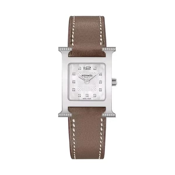 Hermès Montre HERMÈS Heure H Petit Modèle sertie quartz index diamants cadran nacre blanche bracelet cuir taupe 25 mm