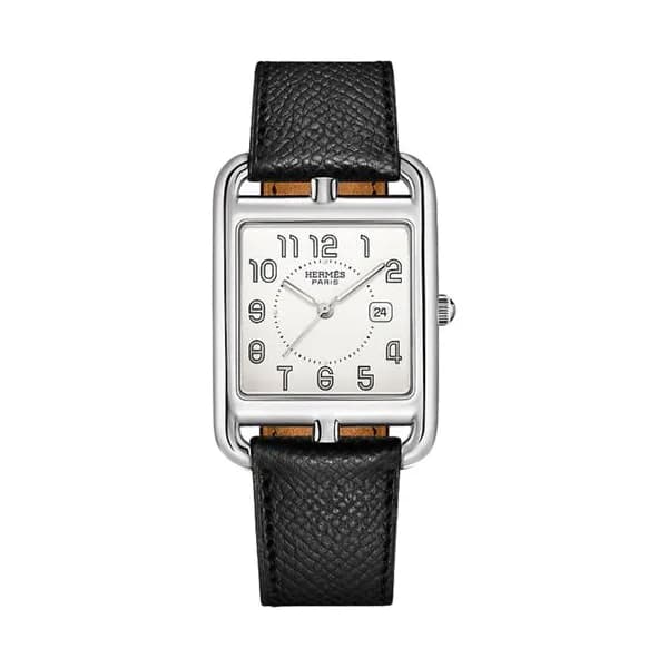 Hermès Montre HERMÈS Cape Cod Grand Modèle quartz cadran argenté bracelet cuir noir 37 mm