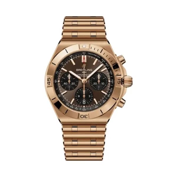 Breitling Montre Breitling Chronomat B01 Chronograph automatique cadran chocolat boitier or rouge bracelet or rouge 42 mm