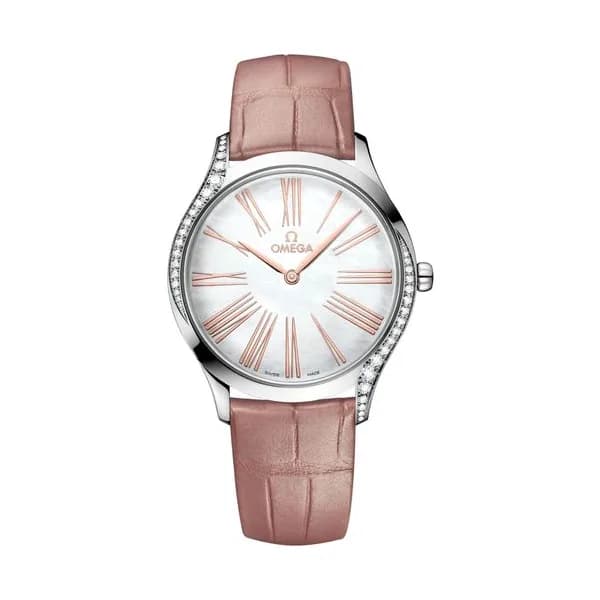 Omega Montre Omega de Ville Trésor quartz cadran nacre blanche bracelet cuir beige 36 mm