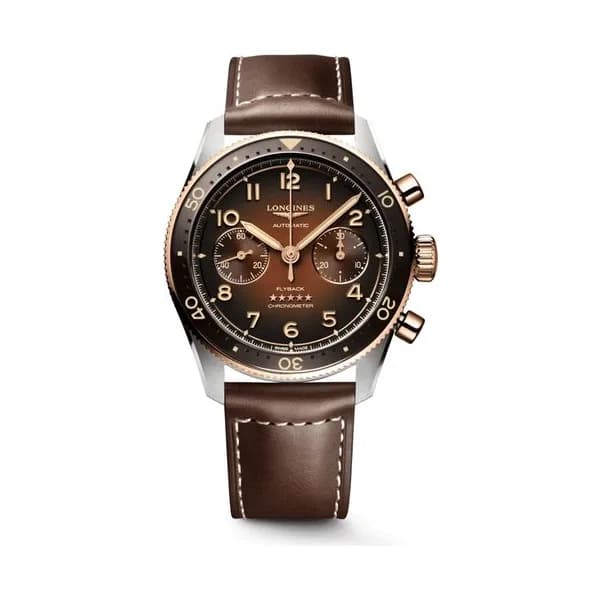 Longines Montre Longines Spirit Flyback automatique chronographe cadran brun bracelet cuir brun 42 mm