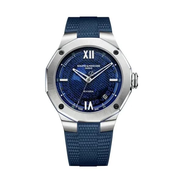 Baume & Mercier Montre Baume et Mercier Riviera automatique cadran bleu transparent bracelet caoutchouc bleu 42 mm