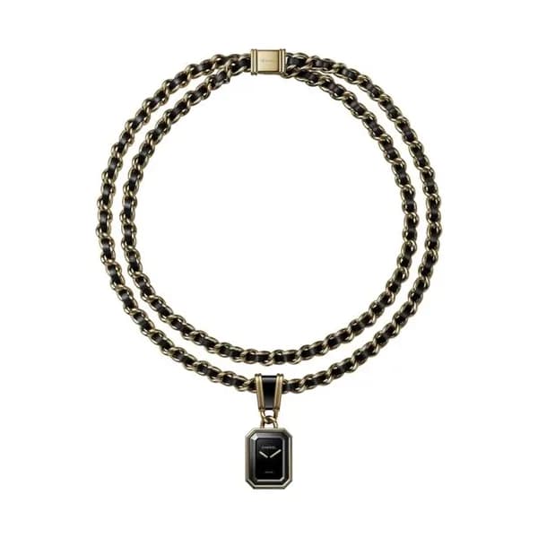 Chanel Montre collier CHANEL Première Edition Chaîne iconique cadran laqué noir chaîne acier et cuir noir 26,1 mm