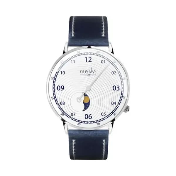 Gustave & Cie Montre 12H Georges Argent et Blanc PU Végétal Bleu Surpiqué 40mm