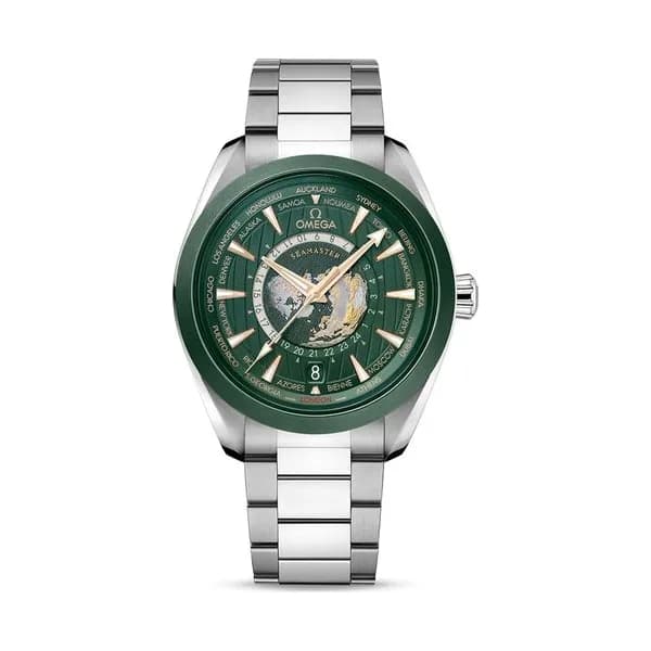 Omega Montre Omega Seamaster Aqua Terra 150M Co-Axial Master Chronometer GMT Worldtimer cadran vert bracelet acier 43 mm