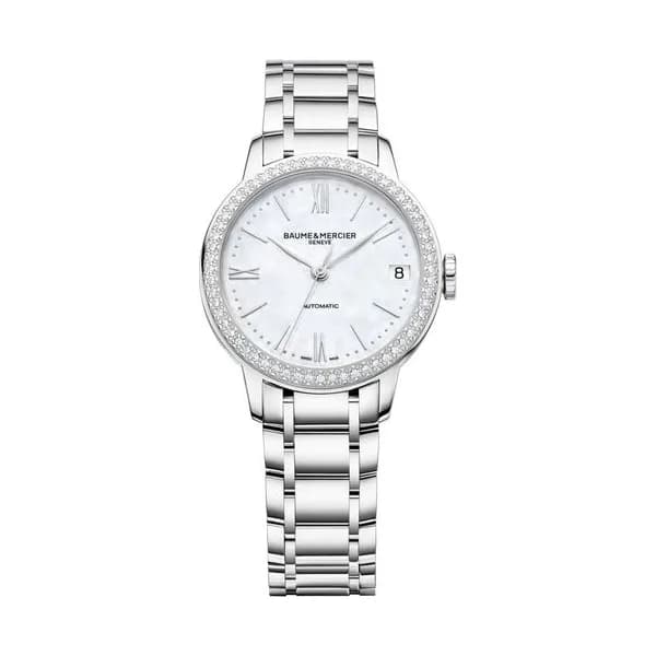 Baume & Mercier Montre Baume et Mercier Classima automatique lunette sertie cadran nacre bracelet acier 31 mm