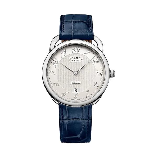 Hermès Montre HERMÈS Arceau Grand Modèle automatique cadran argenté bracelet cuir bleu 40 mm