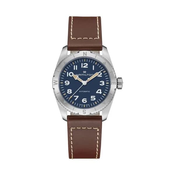 Hamilton Montre Hamilton Khaki Field Expedition automatique cadran bleu bracelet cuir marron 37 mm