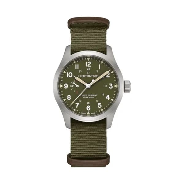 Hamilton Montre Hamilton Khaki Field Power Reserve cadran kaki bracelet tissu vert 40 mm