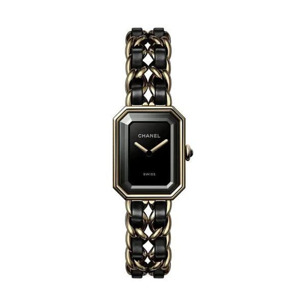 Chanel Montre CHANEL Première Edition Originale quartz cadran laqué noir bracelet acier or jaune et cuir noir 20 mm