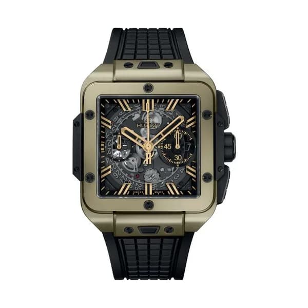 Hublot Montre Hublot Square Bang Unico Magic Gold automatique cadran squelette bracelet caoutchouc noir 42 mm