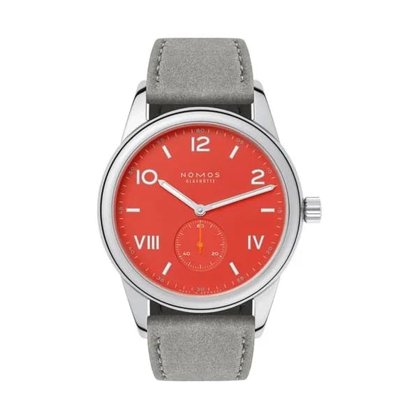 Nomos Montre NOMOS Club Campus Nonstop Red mécanique fond acier cadran rouge bracelet velours gris 38 mm