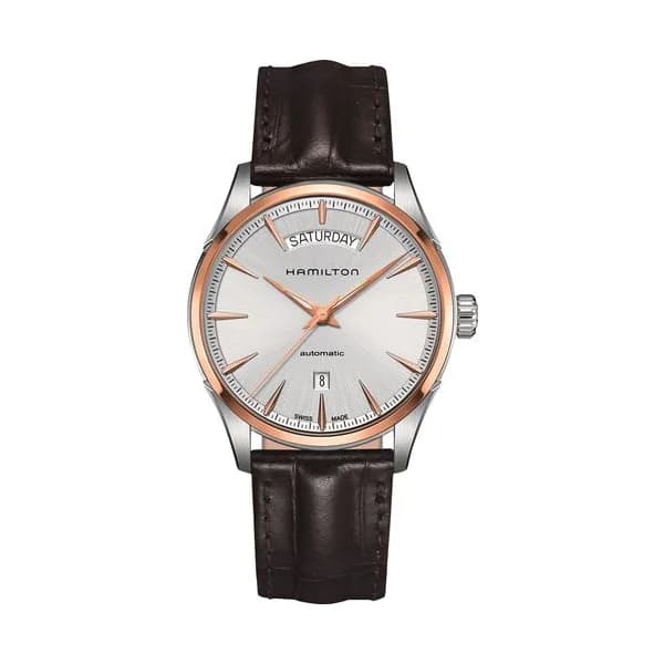 Hamilton Montre Hamilton Jazzmaster Day Date cadran argenté bracelet cuir façon croco brun 42 mm