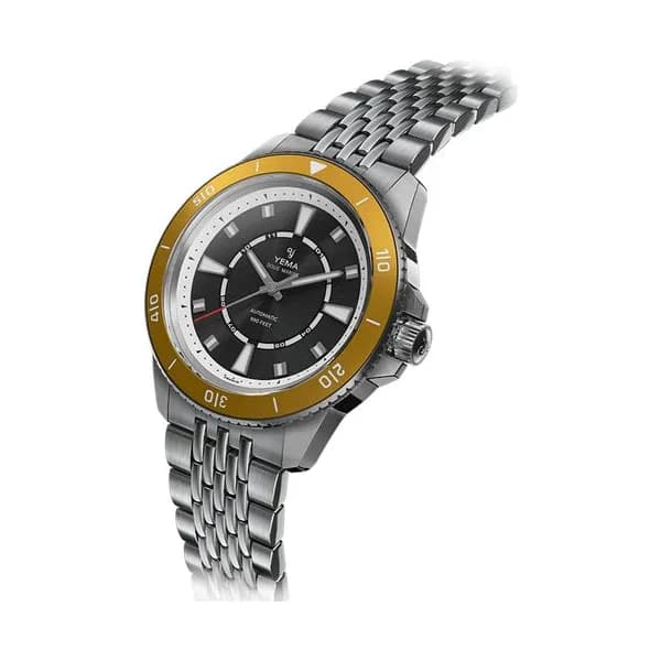 Yema Montre Yema Sous-Marine automatique lunette jaune cadran noir bracelet acier 40,5 mm