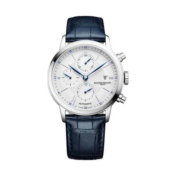 Baume & Mercier Montre Baume et Mercier Classima automatique chronographe cadran argenté bracelet cuir alligator bleu 42 mm