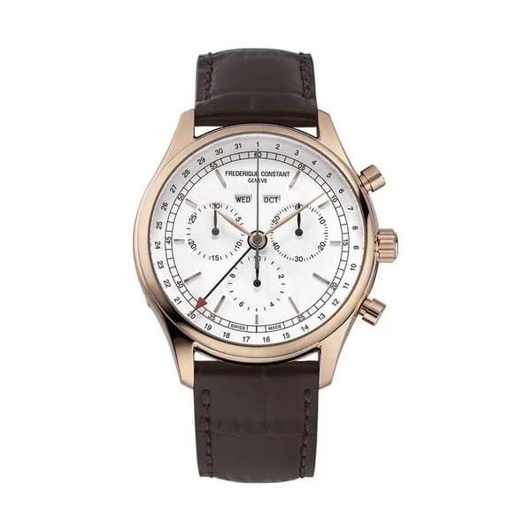 Frédérique Constant Montre Frédérique Constant Classics Quartz Chronographe Triple calendrier PVD or rose cadran blanc bracelet cuir 40 mm