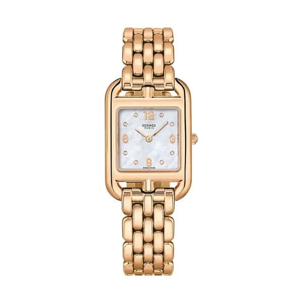 Hermès Montre HERMÈS Cape Cod Petit Modèle Or Rose quartz index diamants cadran nacre blanche bracelet or rose 31 mm
