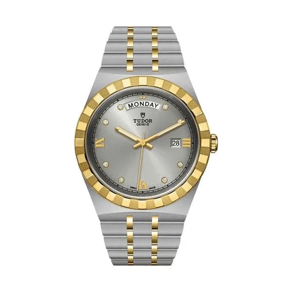 Tudor Montre Tudor Royal automatique index diamants cadran argenté bracelet acier et or jaune 41 mm
