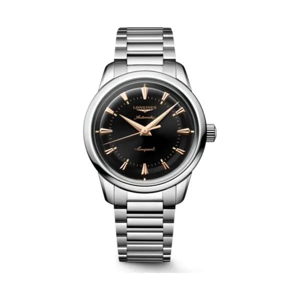 Longines Montre Longines Conquest Heritage 38mm Automatique Cadran Noir laqué poli Bracelet Acier