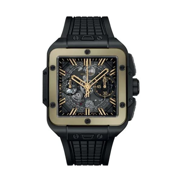Hublot Montre Hublot Square Bang Unico Ceramic Magic Gold automatique cadran squelette bracelet caoutchouc noir 42 mm