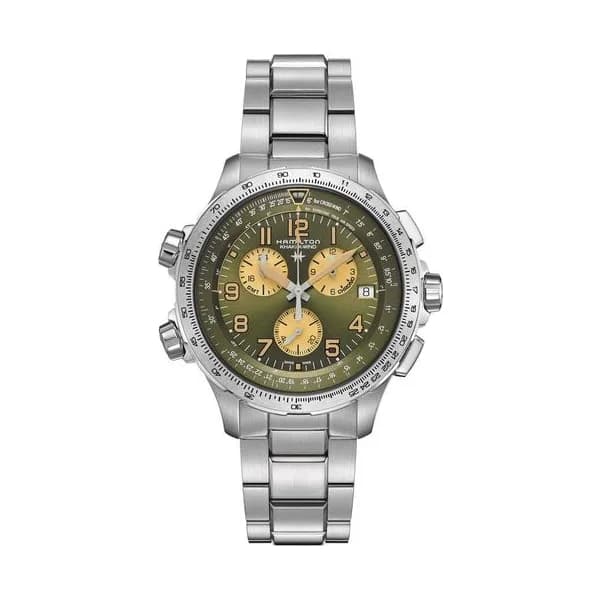 Hamilton Montre Hamilton Khaki Aviation X-Wind GMT Chrono quartz cadran vert bracelet acier 46 mm