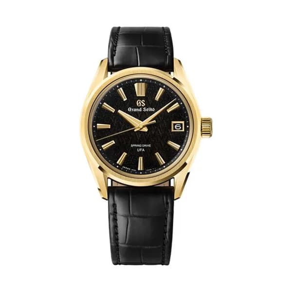 Grand Seiko Montre Grand Seiko Evolution 9 Spring Drive U.F.A "Ice Forest at Dawn" or jaune cadran noir bracelet cuir 37 mm