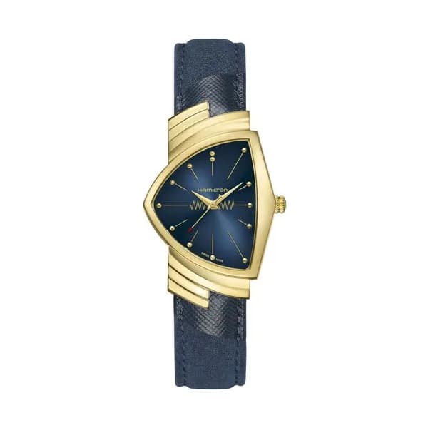 Hamilton Montre Hamilton Ventura Blue PVD Or Jaune quartz cadran bleu bracelet cuir bleu 32,3 x 50,3 mm