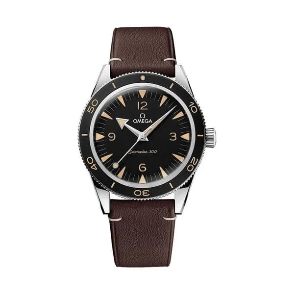 Omega Montre Omega Seamaster 300 automatique Co-Axial cadran noir bracelet cuir brun 41 mm
