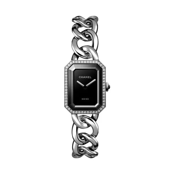 Chanel Montre CHANEL Première Chaîne Gourmette quartz cadran laqué noir lunette sertie Grand modèle