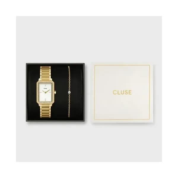 Cluse Coffret Montre Fluette Watch Steel, White Stones & Zircon Bracelet, Gold Colour - CG11508