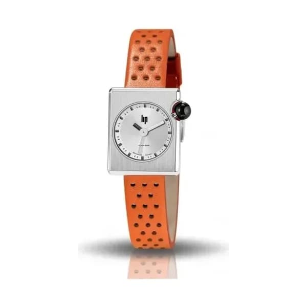 Daniel Gérard Montre LIP Femme MACH 2000 mini square cadran argenté 30 mm bracelet cuir orange