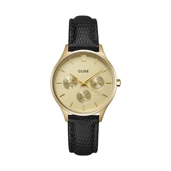 Cluse Minuit Multifunction Watch Leather, Black Lizard, Gold Colour
