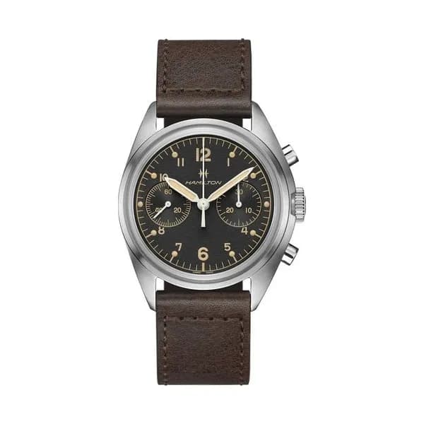 Hamilton Montre Hamilton Khaki Aviation Pioneer Chrono mécanique cadran noir bracelet cuir brun vieilli 40 mm